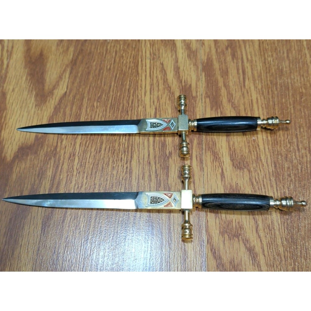 Pair Vintage Toledo Spain Damascene Miniature Dagger Letter Openers Brass 8"